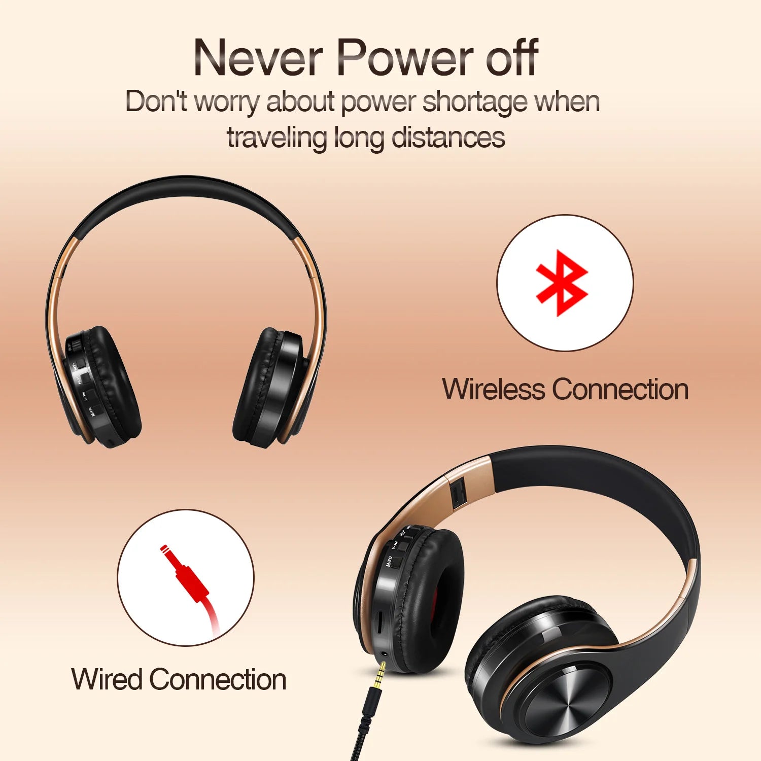 Men Gift Gold Wireless Headphones Bluetooth Earphone Stereo Headset Game with Build-in MIC with Universal for Android and iOS