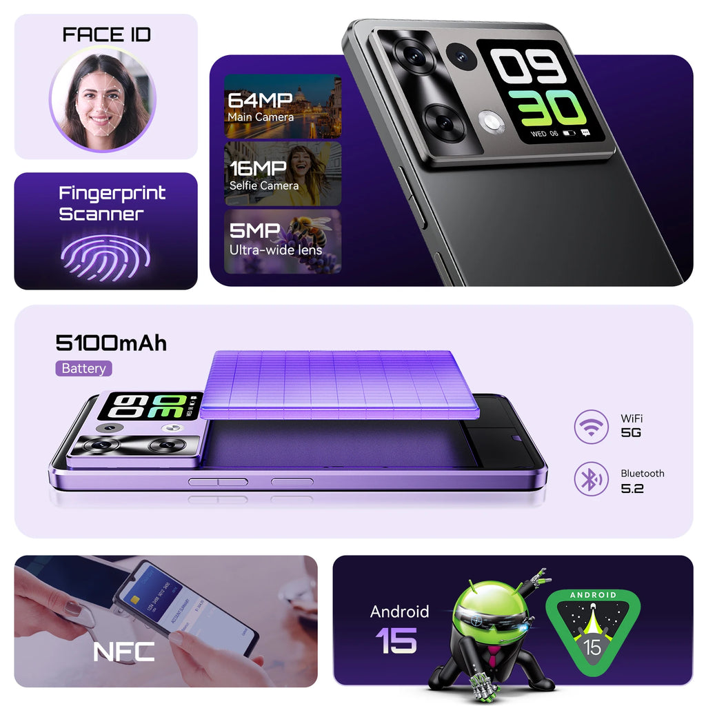 Cubot Android Smartphone P90, G100 Octa-core, 2.2GHz, Dual Speakers, 24GB+256GB, 6.88" 120Hz Screen, 64MP, 5100mAh,NFC, 4G Phone