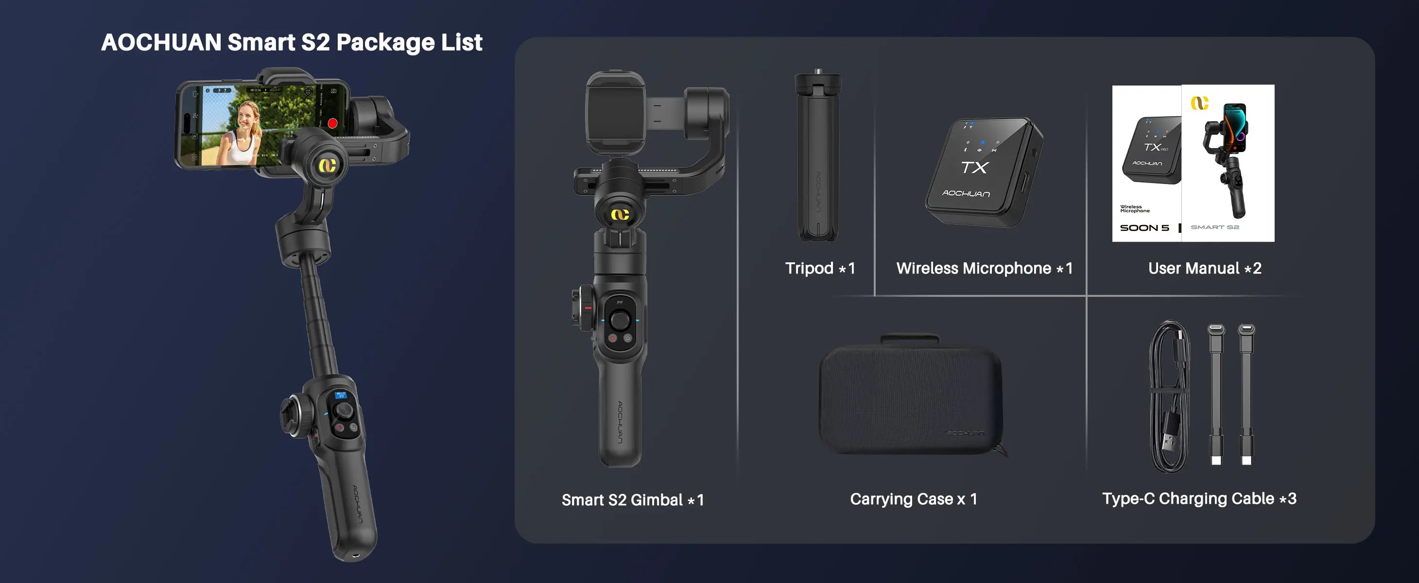 AOCHUAN Smart S2 Smartphone Gimbal Stabilizer with microphone Professional 3-axis Stabilizer For ipohne and Android Smartphone