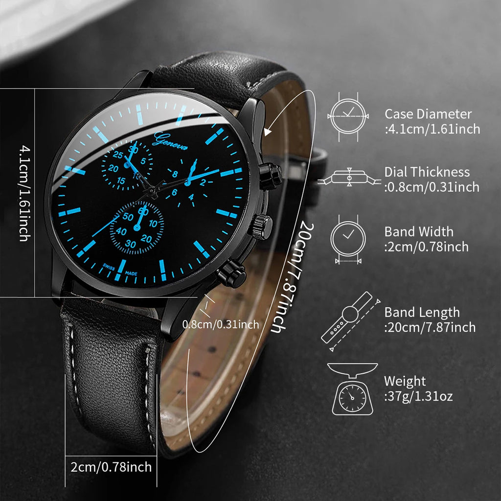 3PCS/Set Men Business Watches Casual Leather Band Analog Male's Quartz Watch Necklace Bracelet Set