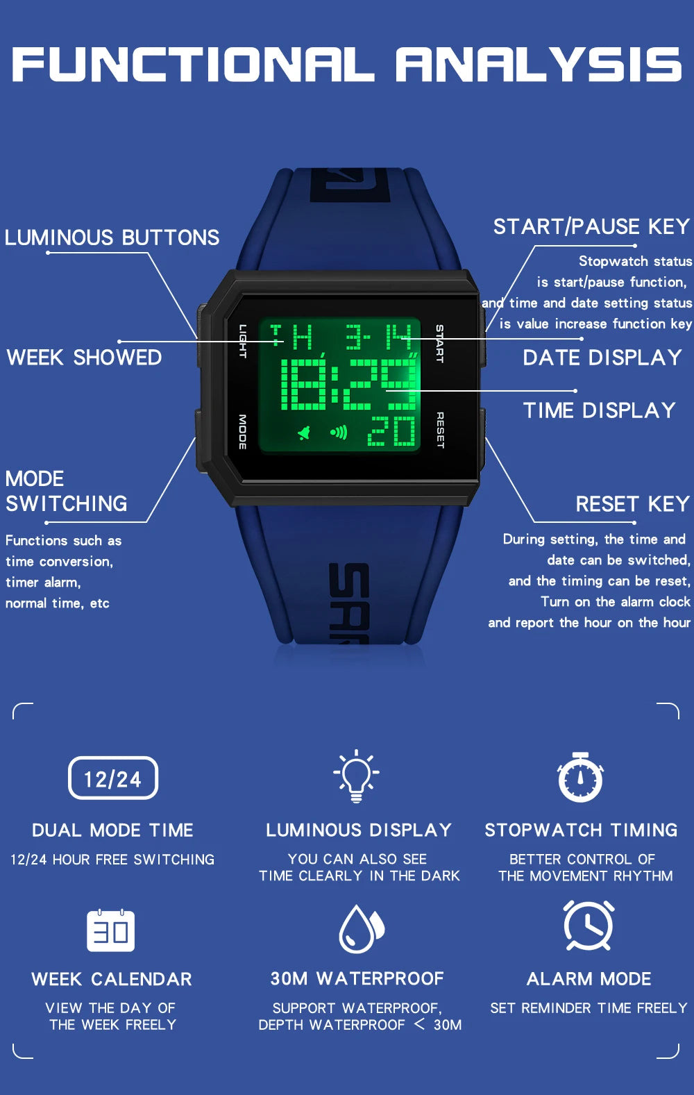 SANDA Sport Men's Waterproof Luminous Stopwatch Watch Square Dial LED Digital Wristwatch with TPU Strap