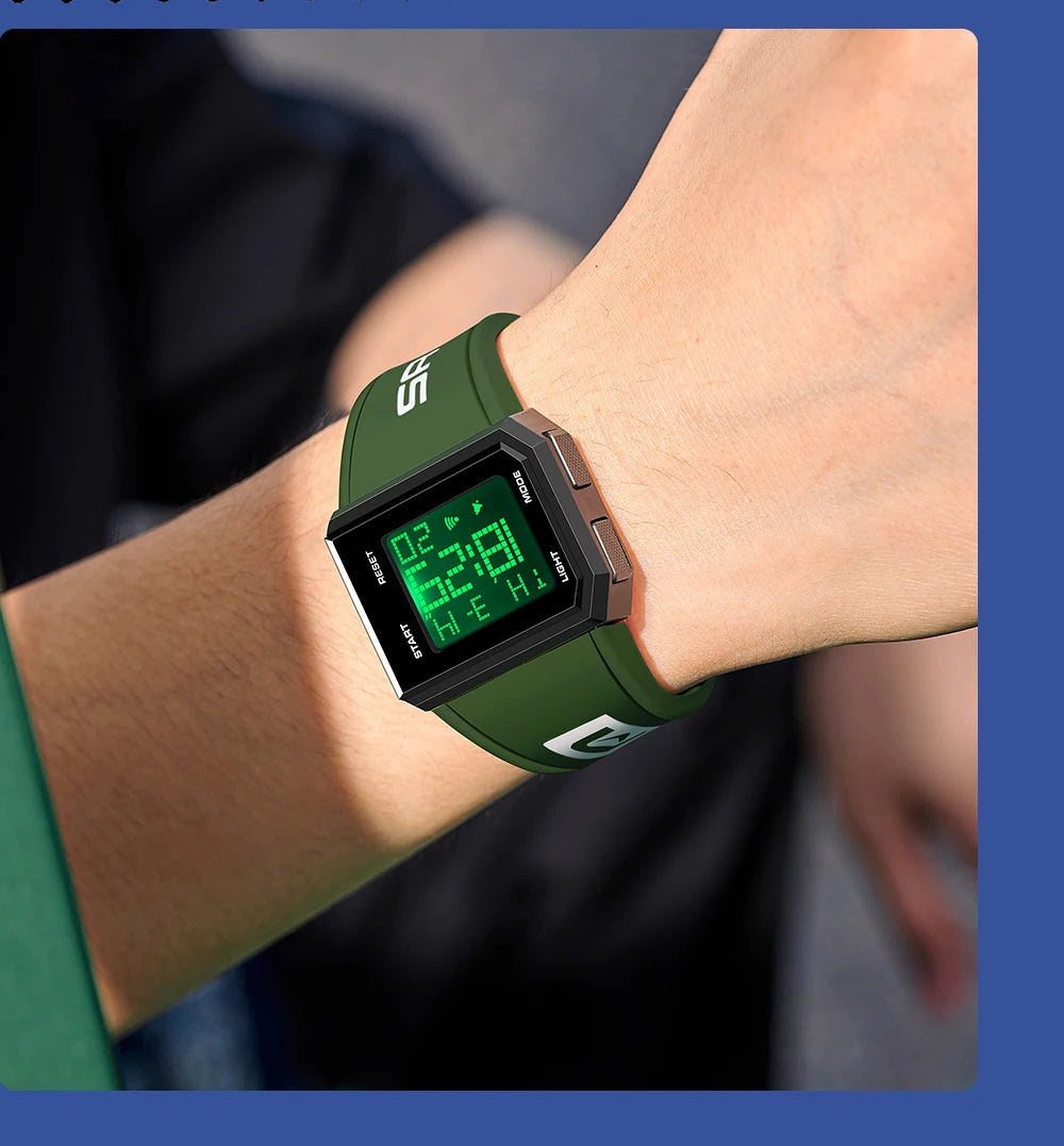 SANDA Sport Men's Waterproof Luminous Stopwatch Watch Square Dial LED Digital Wristwatch with TPU Strap