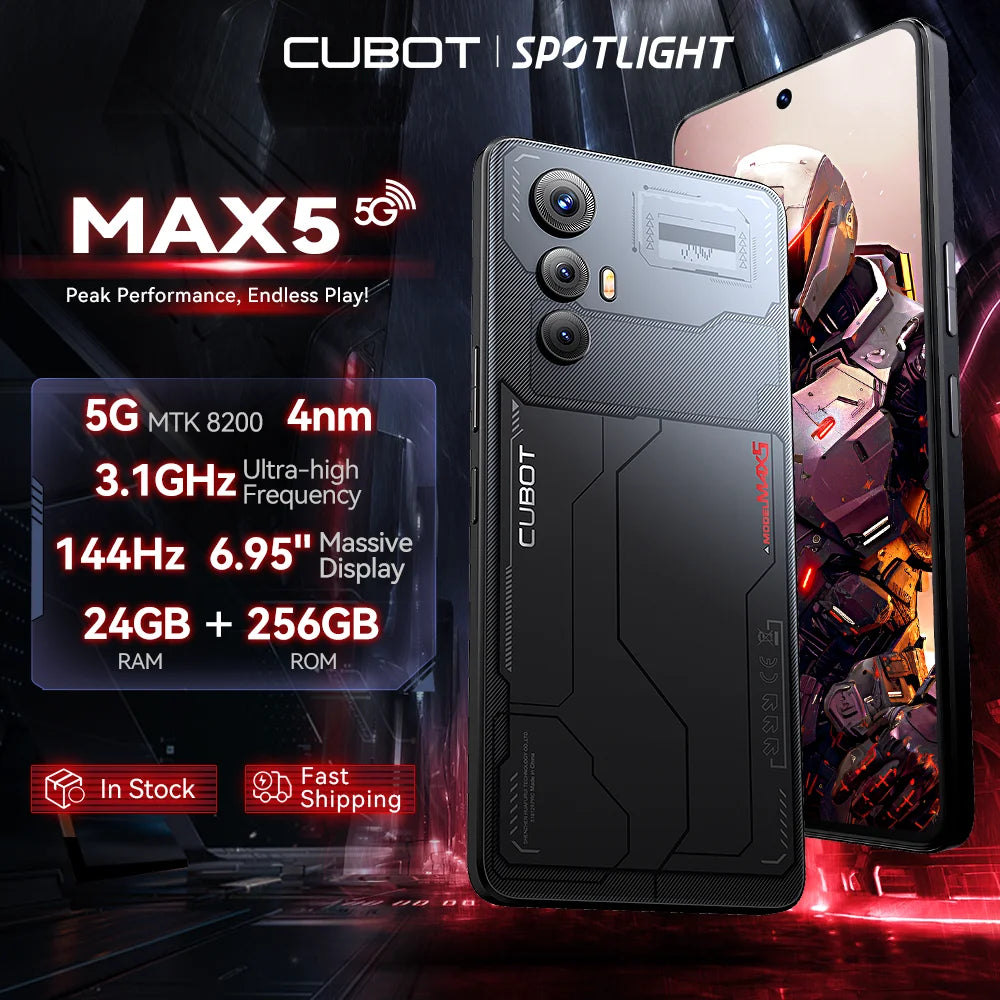 CUBOT MAX 5, 5G Smartphone Android, Dimensity 8200, 6.95" 144Hz Large Screen, 24GB RAM + 256GB ROM, Gaming Phone, Coming Soon