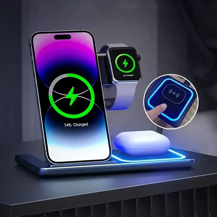 3-in-1 LED Wireless Charger – Foldable Stand for iPhone, Apple Watch & AirPods italiatechs