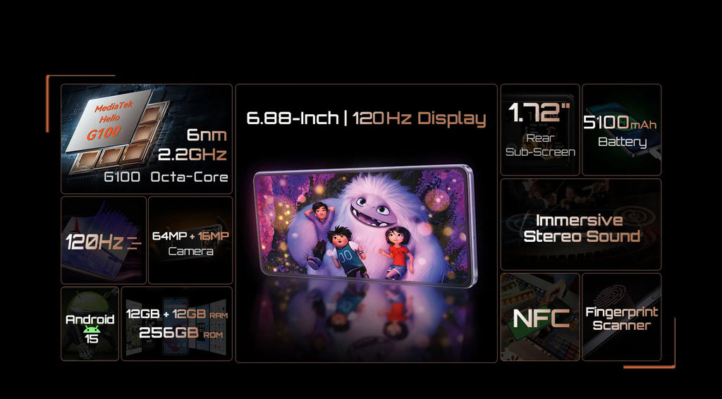 Cubot P90 4G Smartphone Helio G100 Octa-core 24GB+256GB 6.88-Inch 120Hz Display 5100mAh Battery 64MP Camera Android 15 Phone