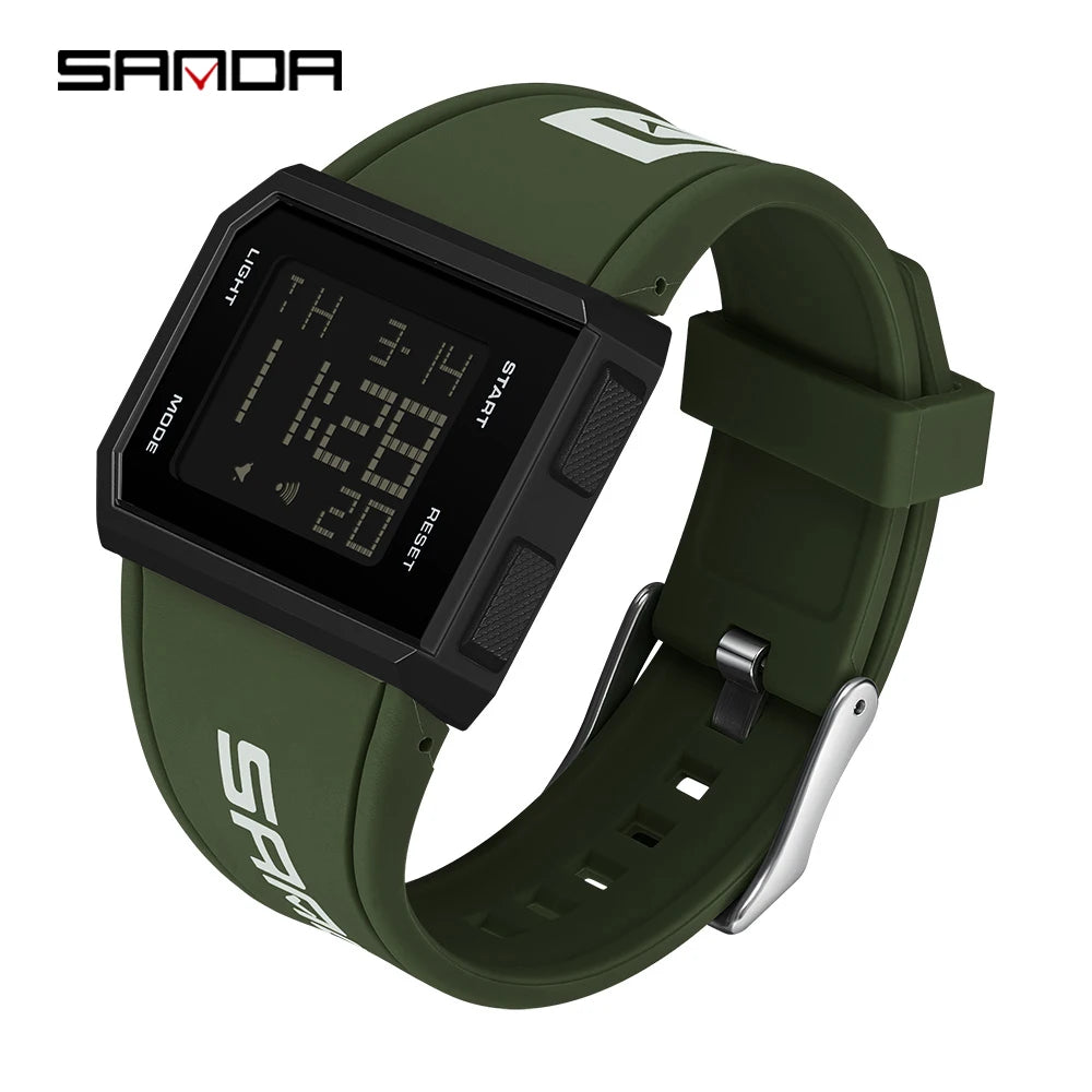 SANDA Sport Men's Waterproof Luminous Stopwatch Watch Square Dial LED Digital Wristwatch with TPU Strap