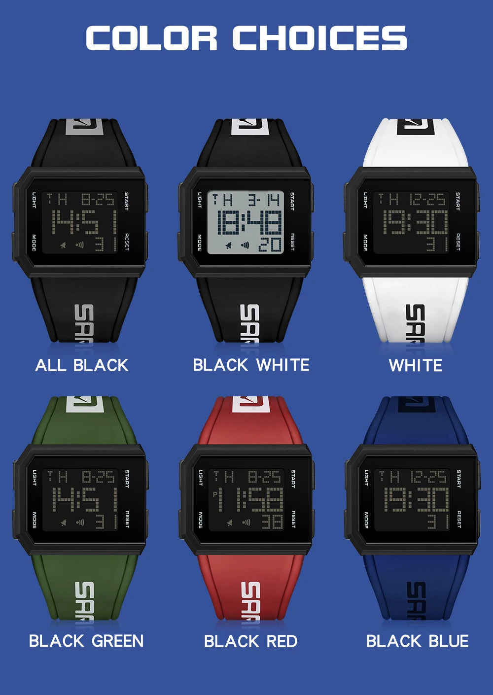 SANDA Sport Men's Waterproof Luminous Stopwatch Watch Square Dial LED Digital Wristwatch with TPU Strap