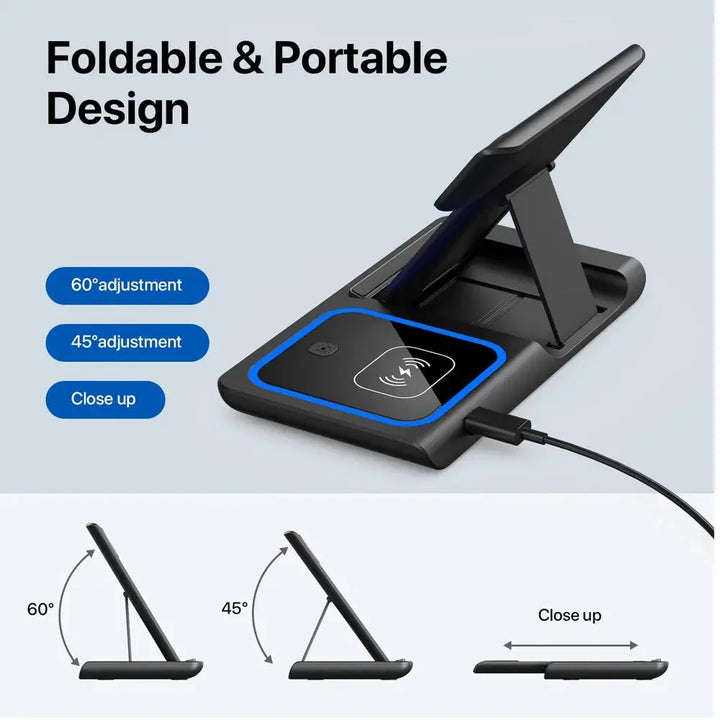 3-in-1 LED Wireless Charger – Foldable Stand for iPhone, Apple Watch & AirPods italiatechs
