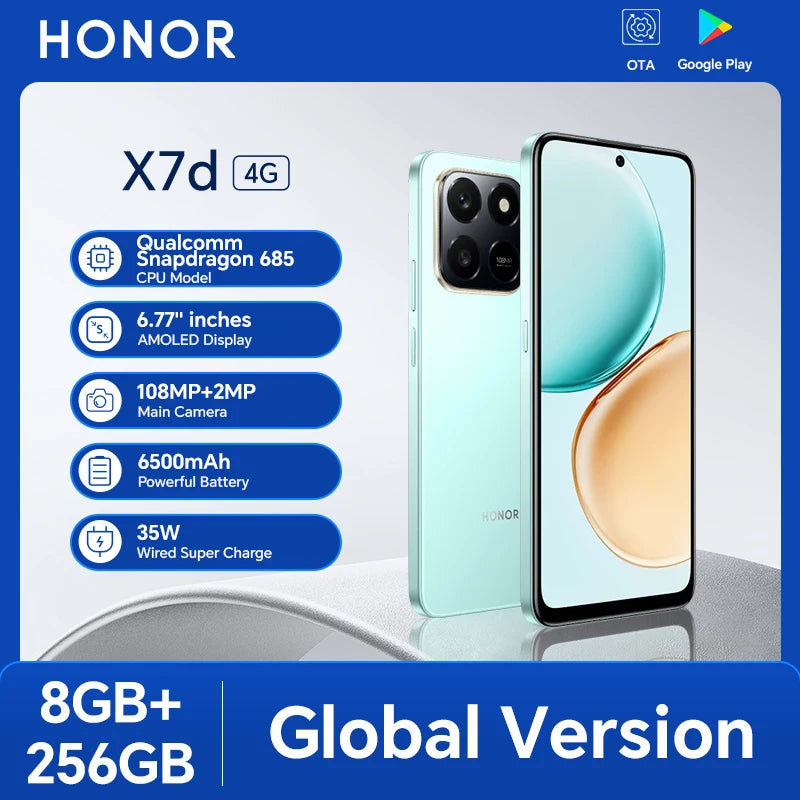 Original Global Version HONOR X7d 4G 8GB+256GB 6.77'' TFTLCD Screen 108M Main Camera 6500mAh 35W SuperCharge MagicOS 9.0