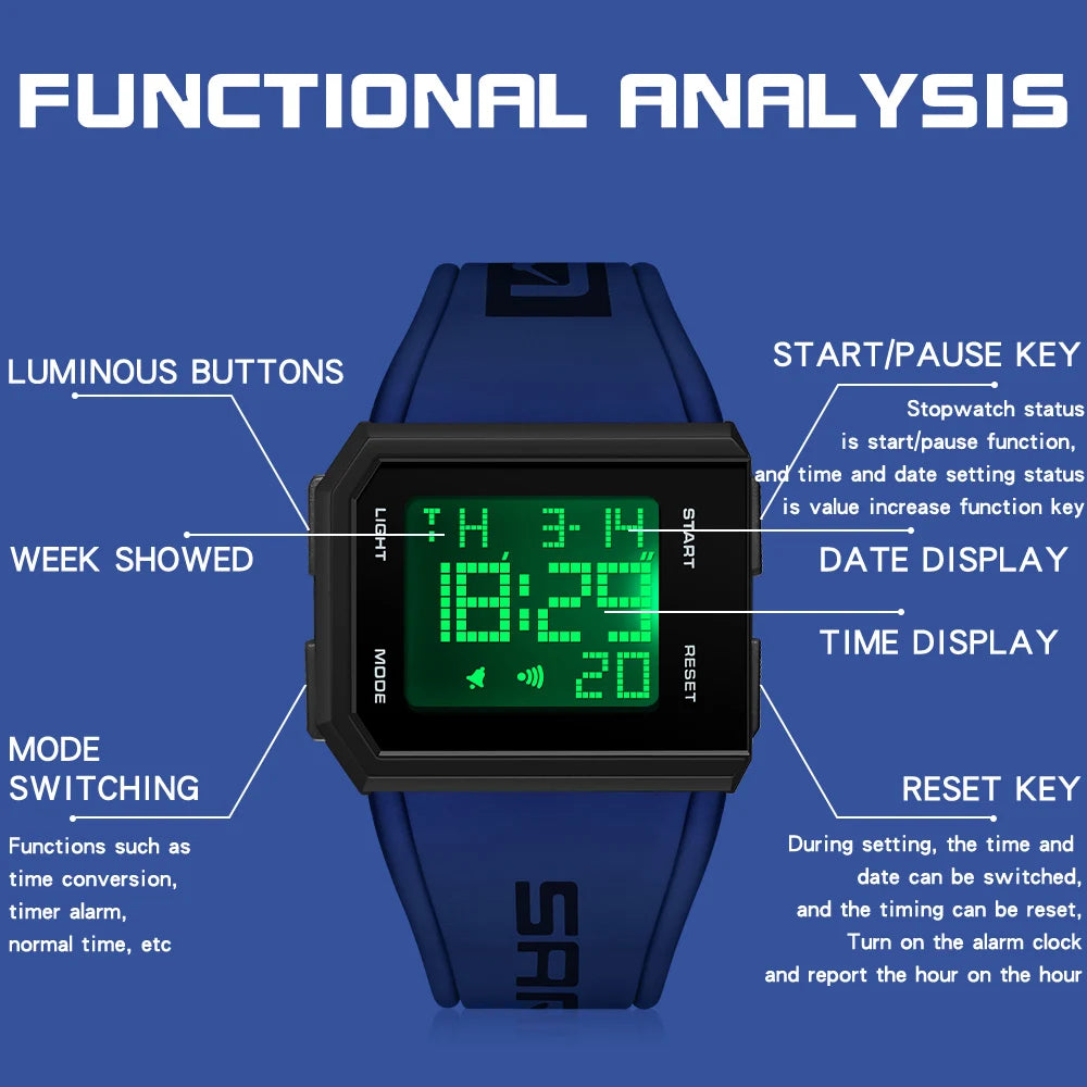 SANDA Sport Men's Waterproof Luminous Stopwatch Watch Square Dial LED Digital Wristwatch with TPU Strap