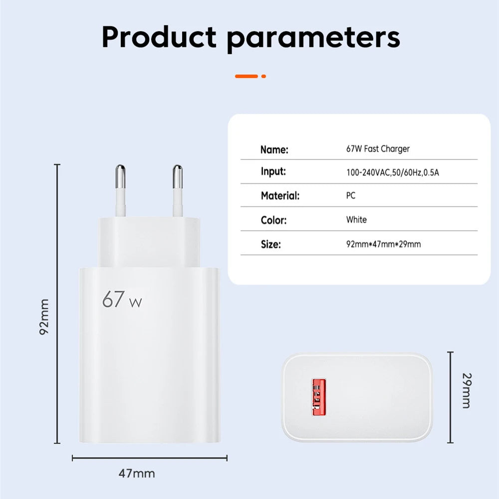 67W USB Fast Charger for Xiaomi 14 13 12 11 10 Ultra Redmi Note 12T 13 Pro Turbo Quick Charge Type C Cable Fast Charging Adapter