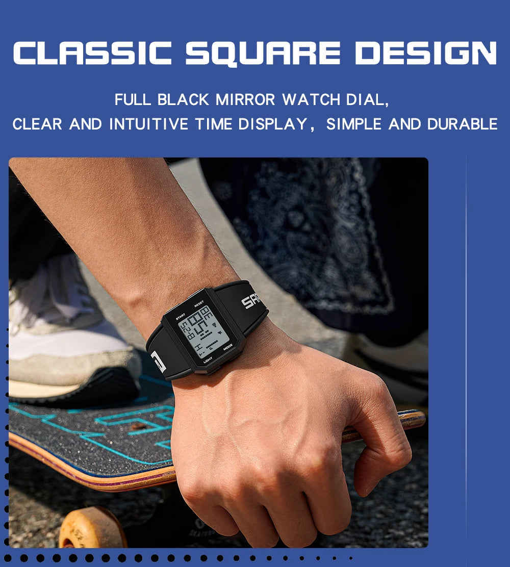 SANDA Sport Men's Waterproof Luminous Stopwatch Watch Square Dial LED Digital Wristwatch with TPU Strap