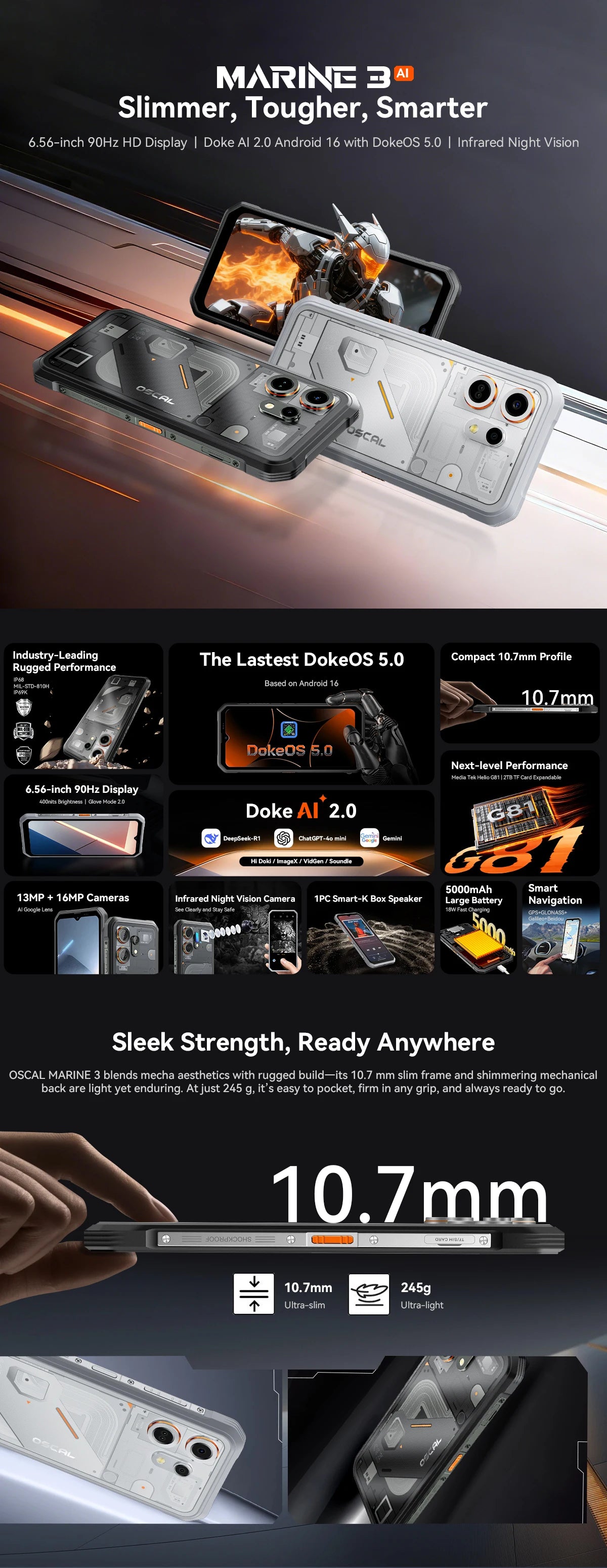 Blackview OSCAL MARINE 3 Rugged Smartphone 6.56" HD 90Hz Display Helio G81 13MP+16MP Camera 5000mAh Battery Android 16 Mobile