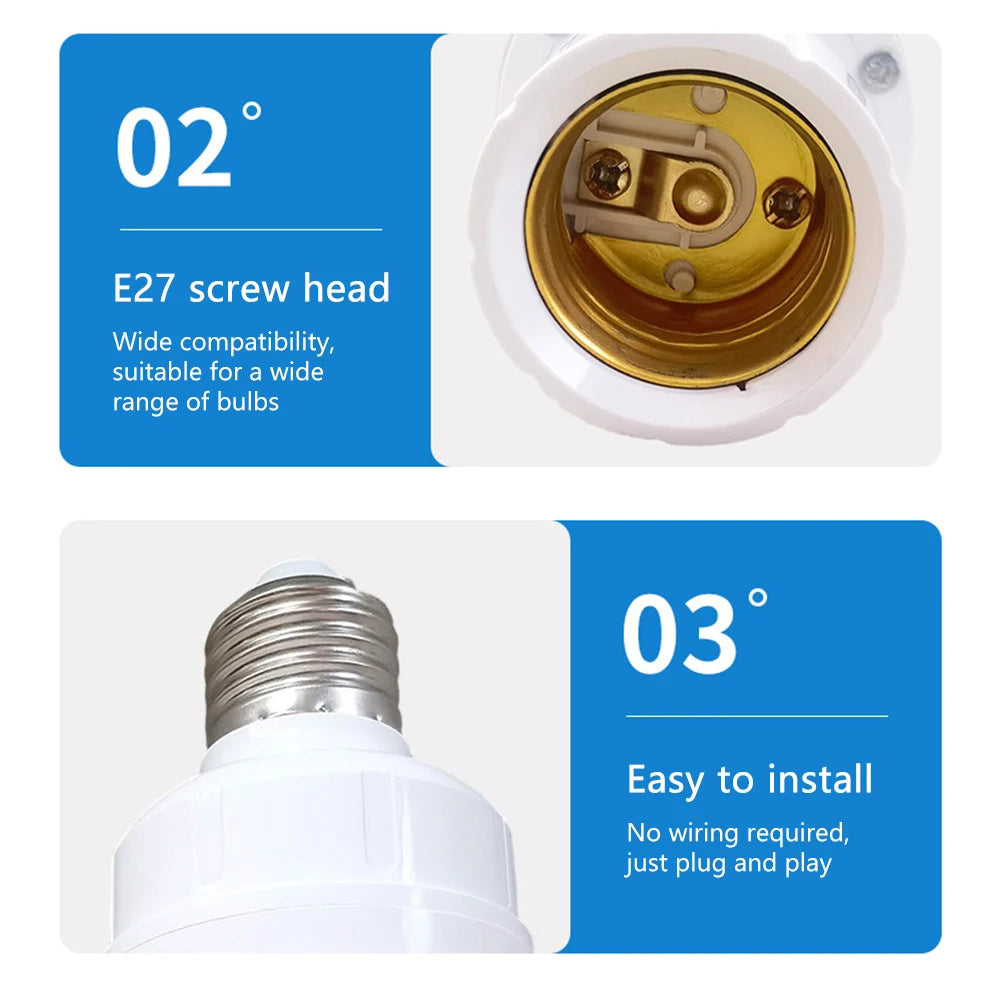 Light bulb adapter with E27 screw head and text indicating compatibility and ease of installation.