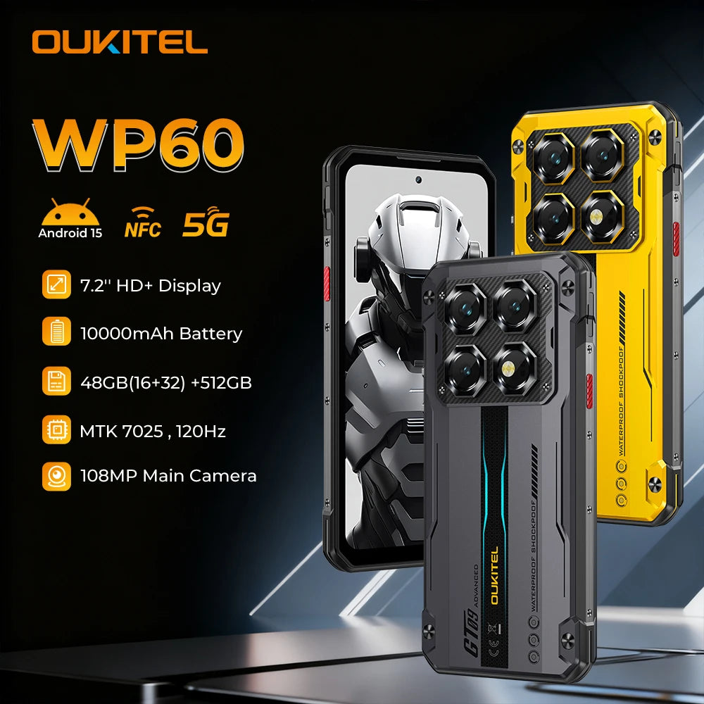 OUKITEL WP60 5G NFC Smartphone 10000mAh 48GB(16+32) +512GB, MTK 7025 Android 15 Rugged Phone, 108MP Camera, 120Hz