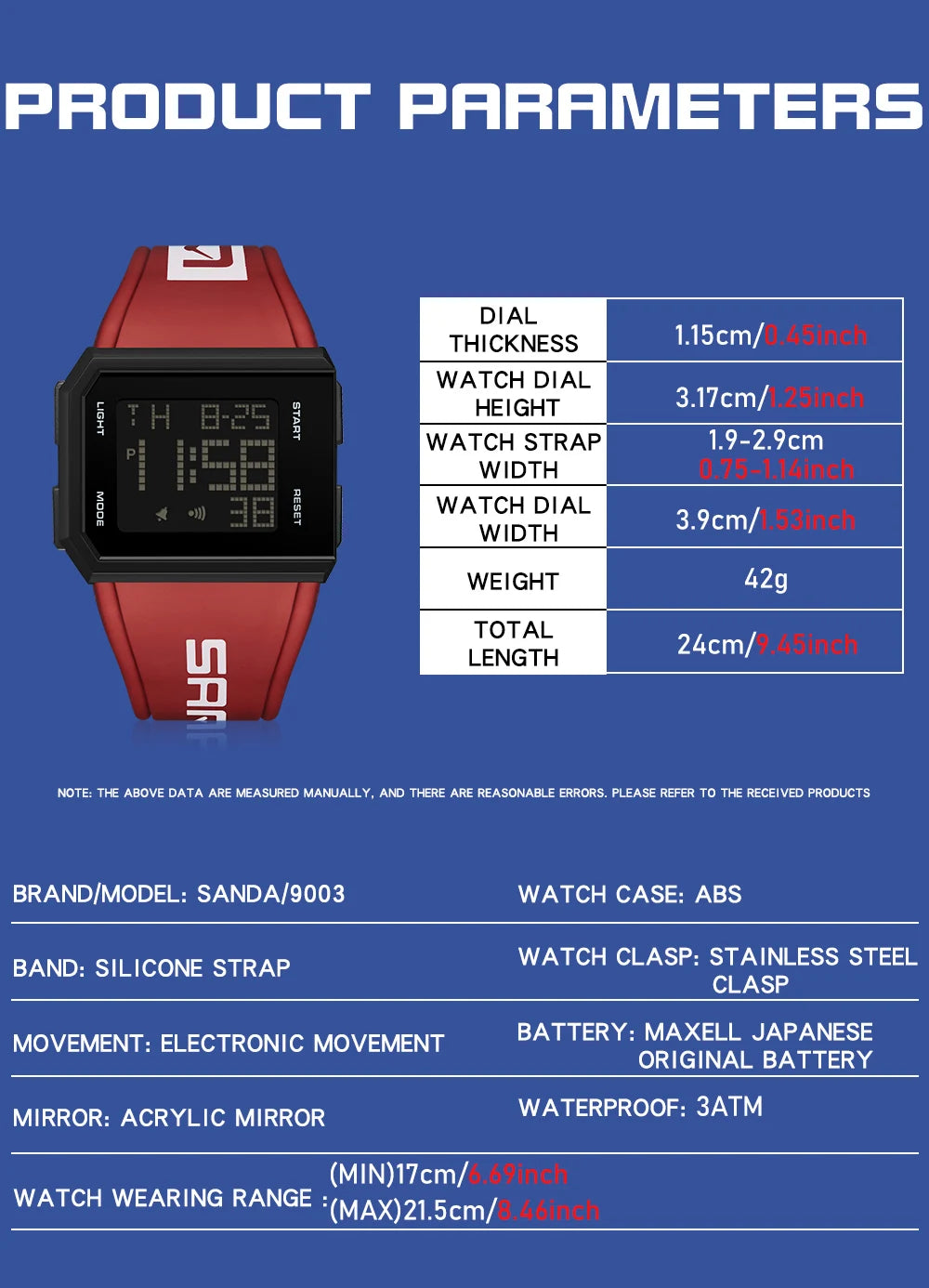 SANDA Sport Men's Waterproof Luminous Stopwatch Watch Square Dial LED Digital Wristwatch with TPU Strap