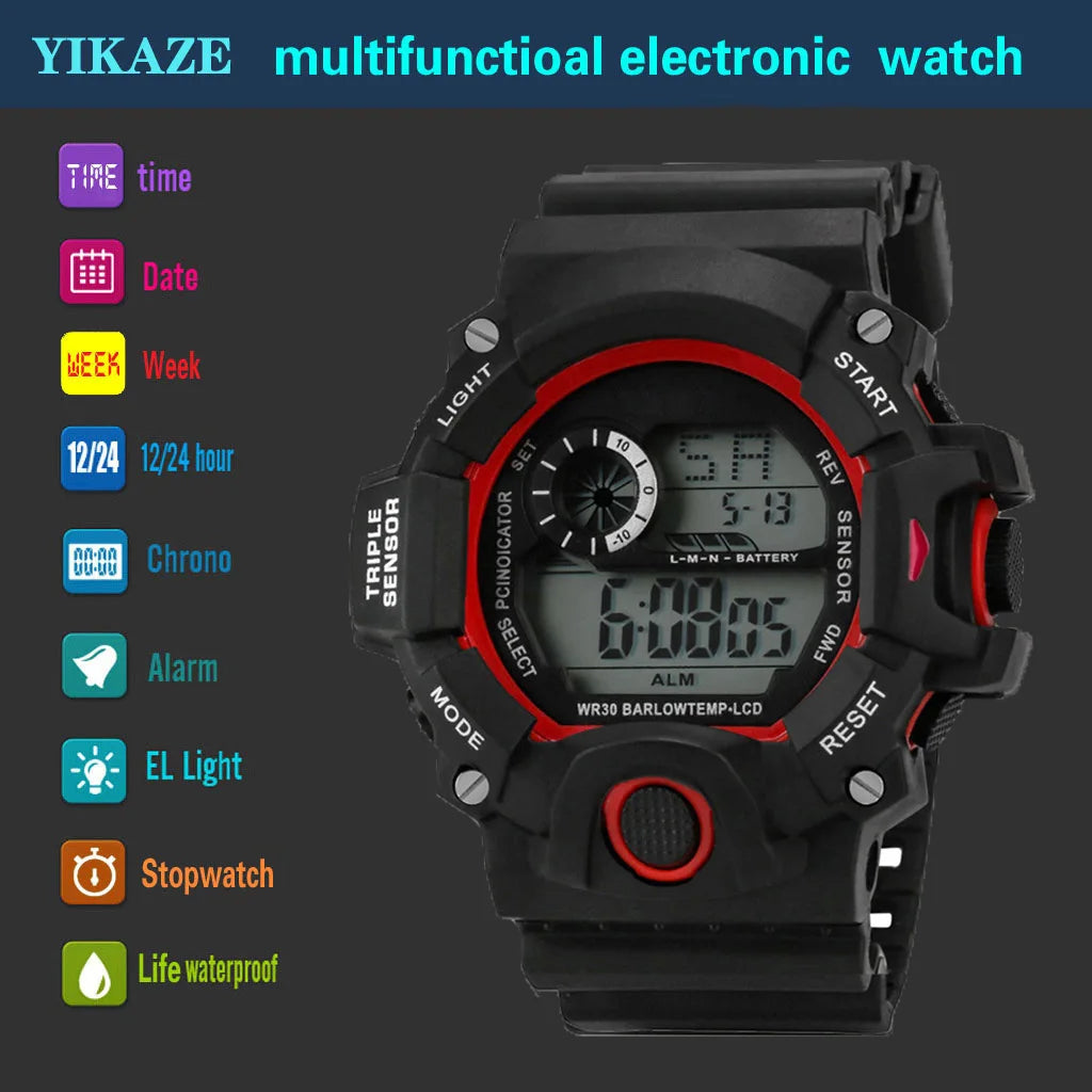 Fashion Men's Watch Sports Electronic Wristwatch Large dial Multifunctional Waterproof Luminous Alarm Kids Male's Military Watch