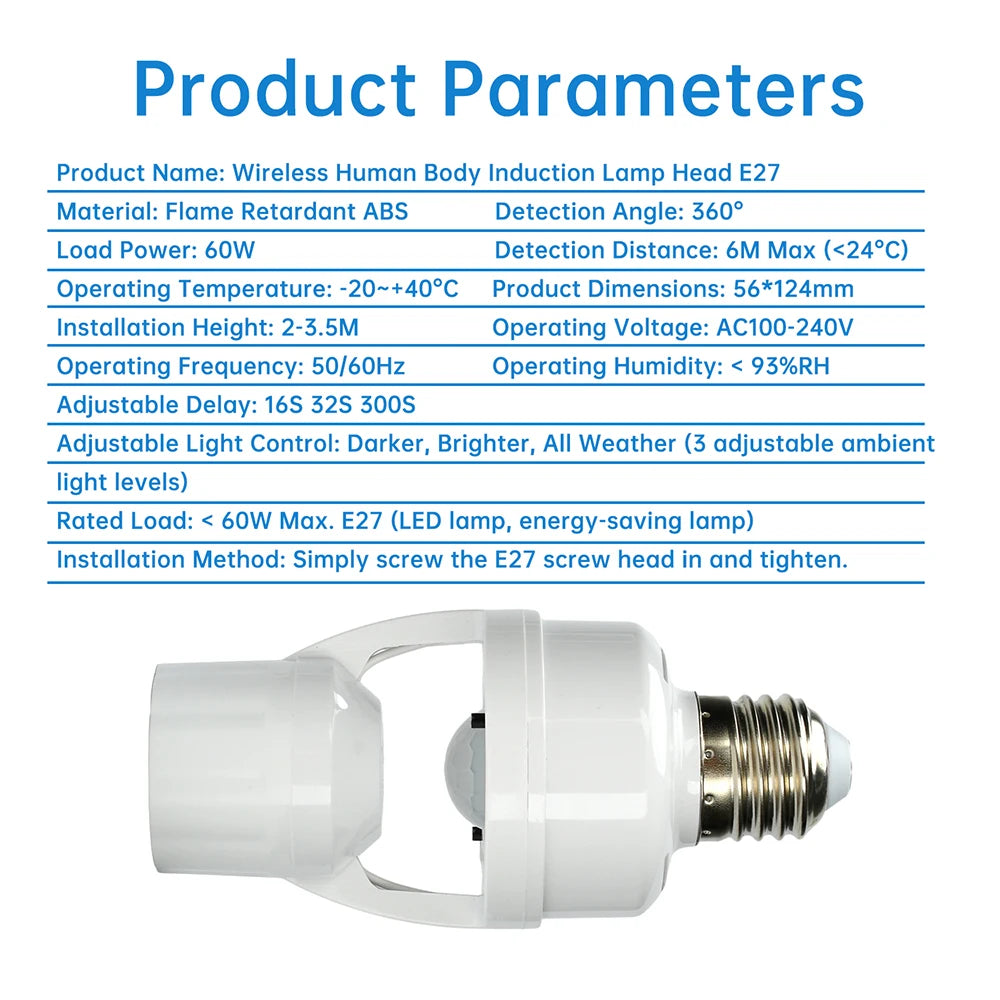 Wireless human body induction lamp head E27 with product parameters on a white background