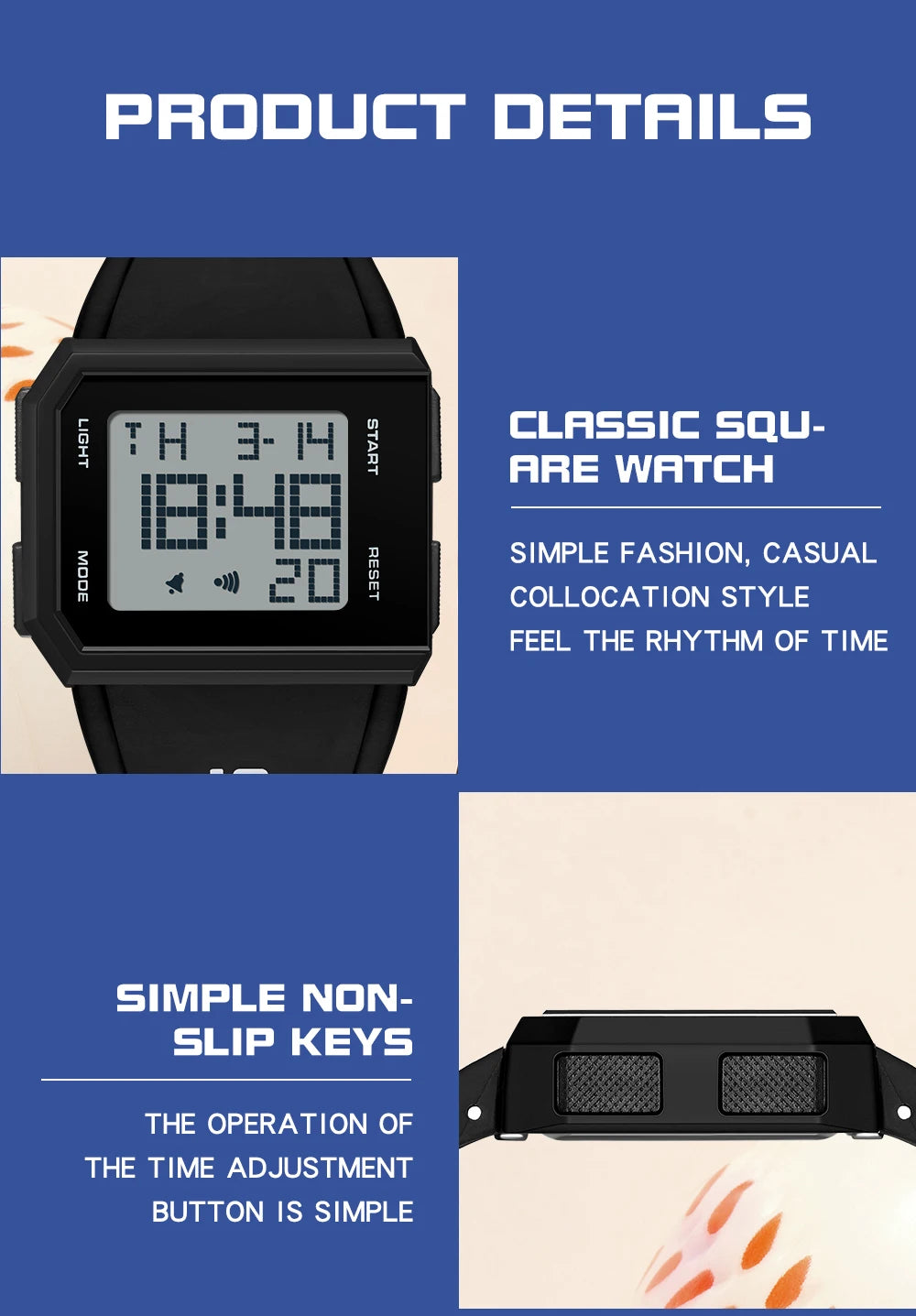 SANDA Sport Men's Waterproof Luminous Stopwatch Watch Square Dial LED Digital Wristwatch with TPU Strap