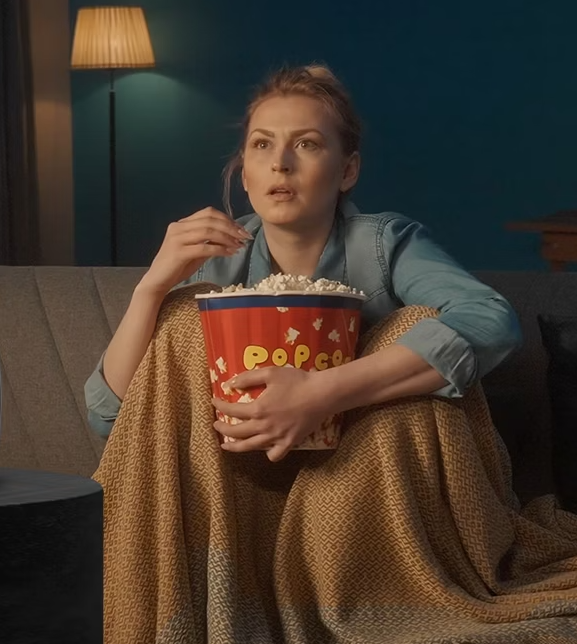 Woman sitting on a couch eating popcorn from a red bucket labeled 'Popcorn' in a dimly lit room. italiatechs.com